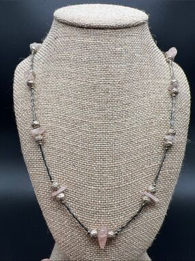 Vintage Rose Quartz Artisan Necklace Silver Rosette Beads Boho 26”